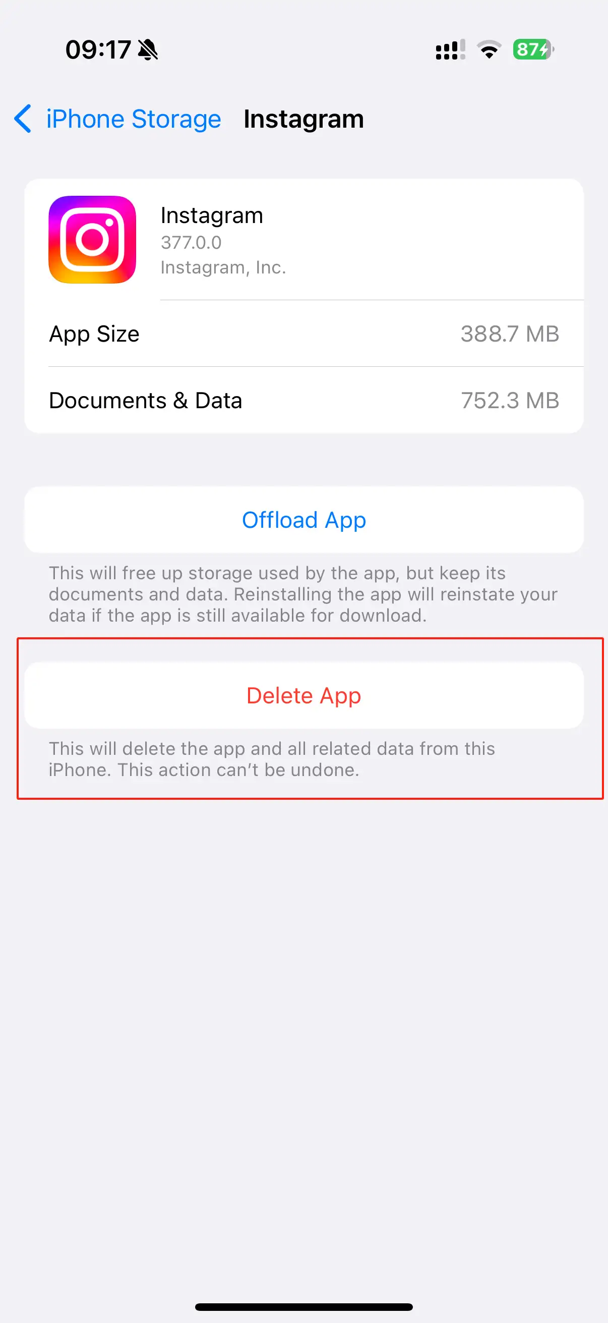 Click on Instagram, press “Delete App”